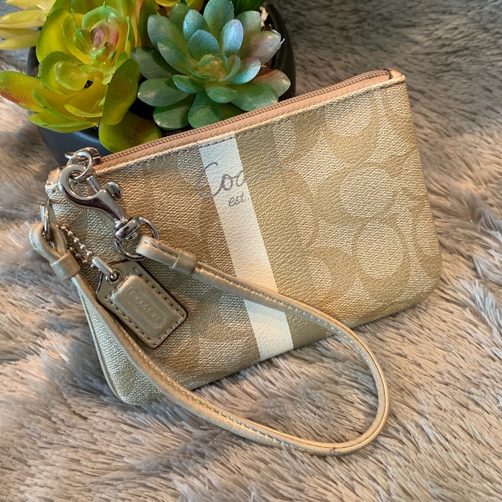 Coach Small Beige and Gold Coach Wristlet